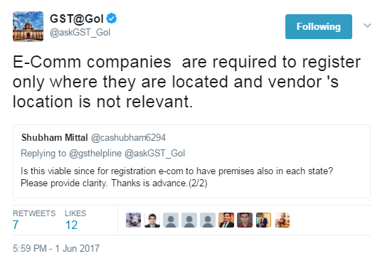 GST - E-Commerce companies required to register only where they are located