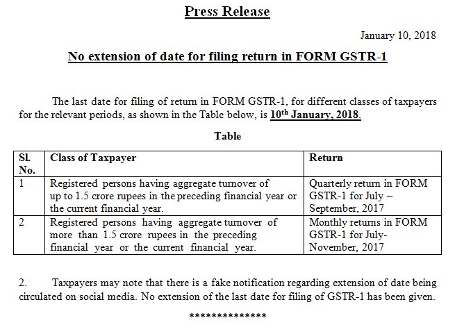 GSTR-1 Date not Extended for July to sep 2017